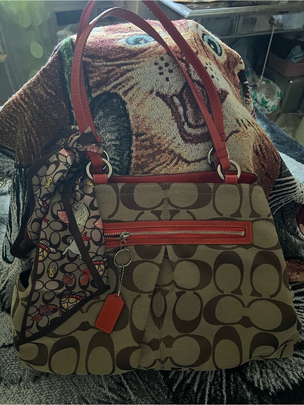 Coach Brown Signature Canvas Tote with Orange Trim and Orange Handles